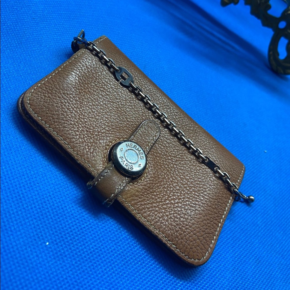 🧡Hermès Bearn  oak wood 🪵‎ burnt color gold hardware key ring coin purse
